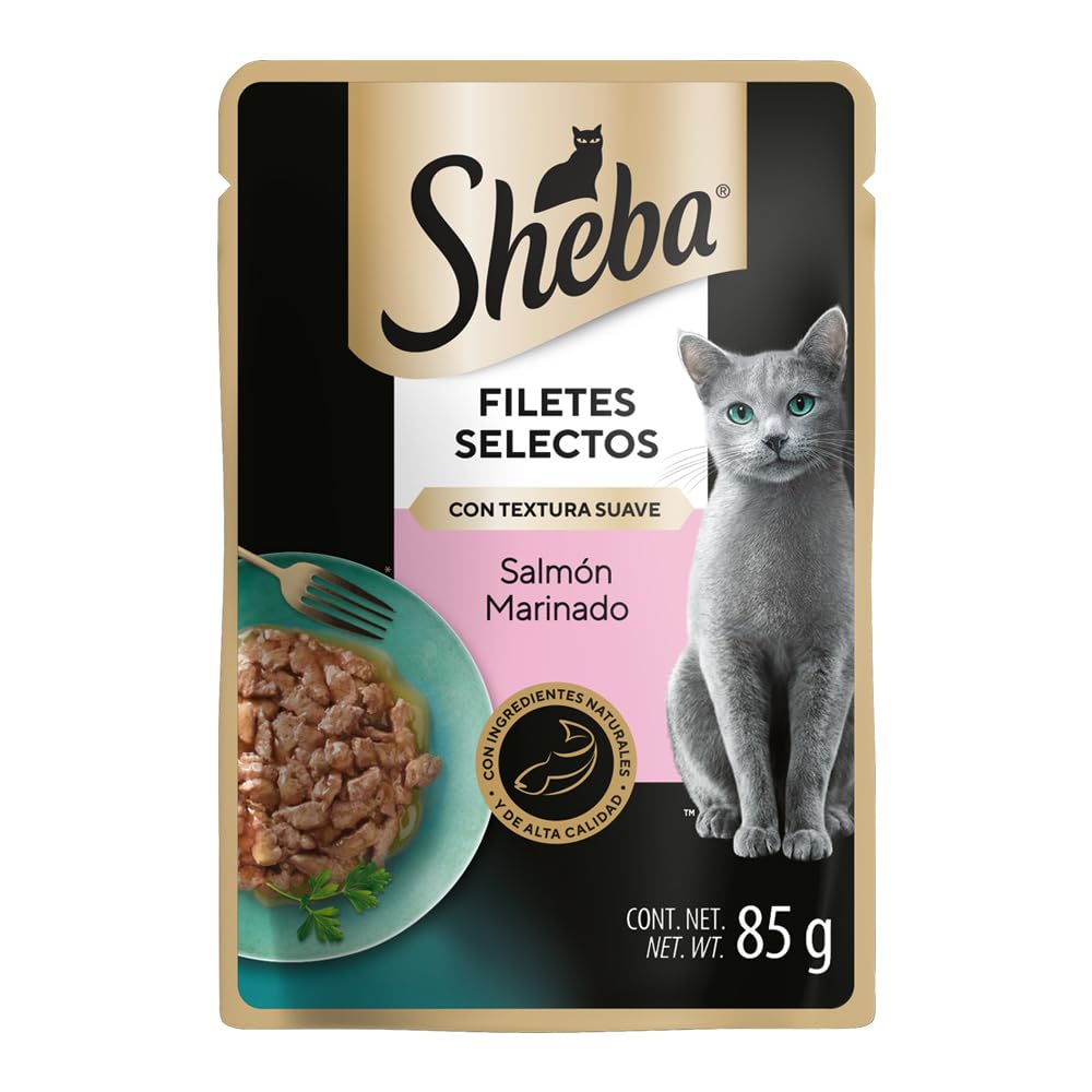 Sheba - Alimento Húmedo para Gato Adulto, Sabor Filetes De Salmón Marinado 85g c/u. Paquete de 24 Unidades, Sin Colorantes ni Sabores Artificiales