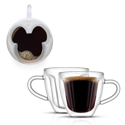 JoyJolt Disney Mickey Mouse - Juego de 2 tazas de café 3D de vidrio de 6 onzas, diseño de doble pared, tazas de café únicas