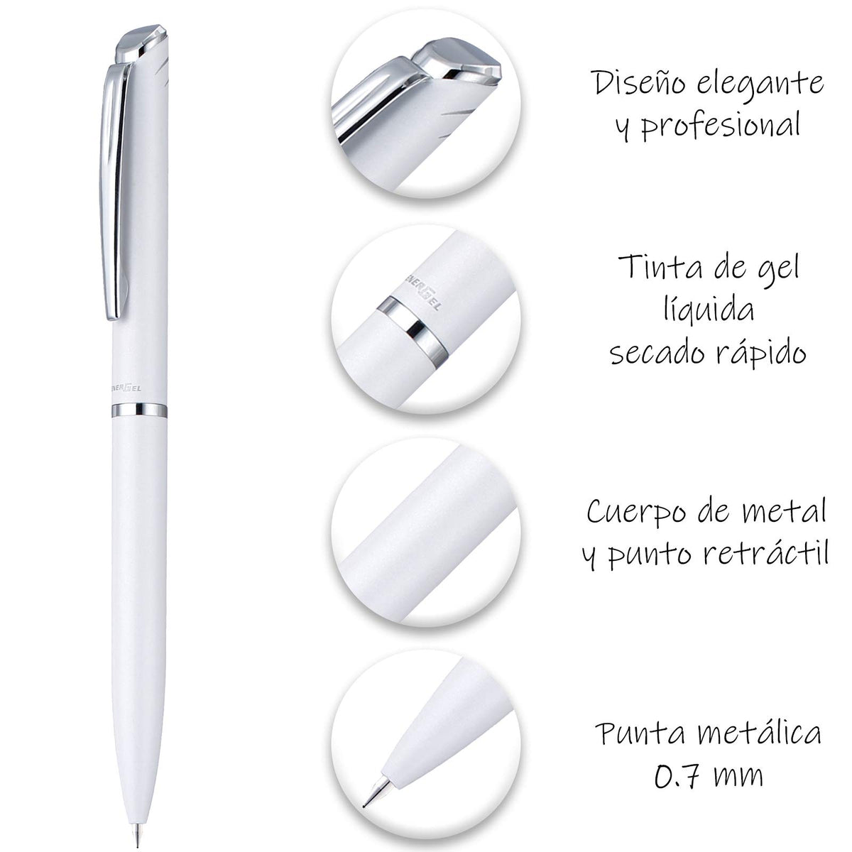 Bolígrafo Tinta Gel EnerGel 0.7mm Diseño Ejecutivo Blanco Tinta Negra con Estuche BL2007W-A-EST