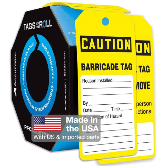 Accuform Signs TAR136 Tags By-The-Roll Inspection and Status Tags, Legend "CAUTION BARRICADE TAG", 6.25" Length x 3" Width x 0.010" Thickness, PF-Cardstock, Black on Yellow (Pack of 100)