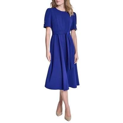 DKNY Short Puff Sleeve Jewel Neck Midi Dress Removable Belt Scuba Crepe Dress Vestido Mujer