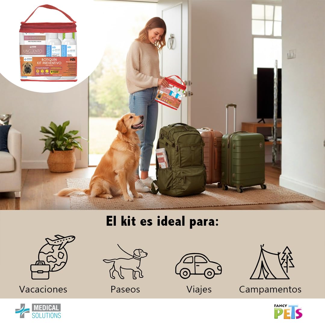 Fancy Pets MS Kit Preventivo Botiquín para Perro con 7 Piezas Jabón Antiséptico Gel Cicatrizante Limpiador de Oídos Toallitas y Desinfectante