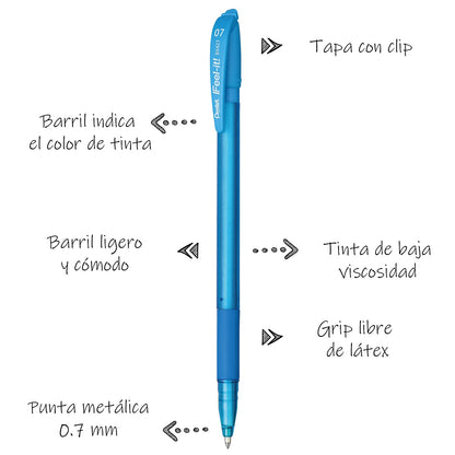 Bolígrafo Feel-It Pentel Cuerpo Delgado Tinta de Baja Viscosidad Color Azul Cielo Caja con 12 Piezas-BX427-S