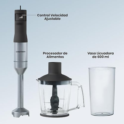 Chefman 4-in-1 Food Prep Kit - Batidora de Inmersión de Velocidad Variable, Procesador de Alimentos de 900 ml, Batidor de Globo y Espumador de Leche