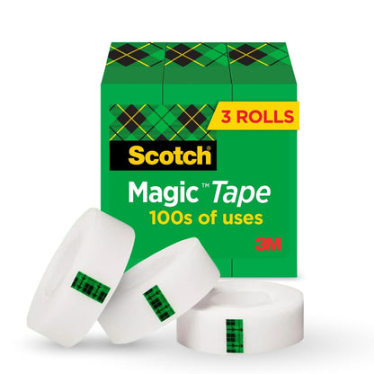 SCOTCH 3M Cinta Adhesiva Mágica Invisible 3 rollos de 19mm x 32.9m | Ideal para diferentes proyectos creativos, Acabado invisible, Escribe sobre ella, Para reparar etiquetar