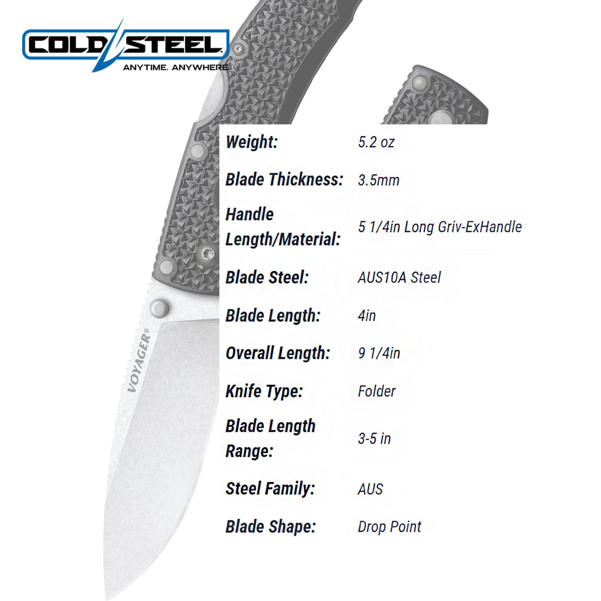 Cold Steel Voyager AUS10A AUS10A - Cuchilla afilada de 13,2 cm, mango Griv-Ex, para llevar diario, cuchillo plegable táctico con bloqueo de triple anuncios