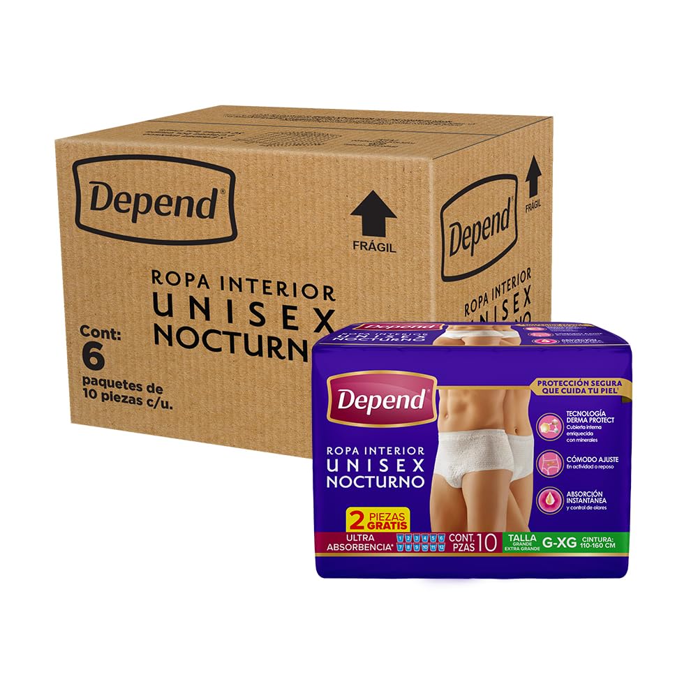Depend Ropa Interior Nocturno Desechable para Incontinencia, Talla G-XG Unisex, Caja con 6 Paquetes de 10 Piezas (60 Piezas), con Tecnología Derma Protect, Protección segura que cuida tu piel.