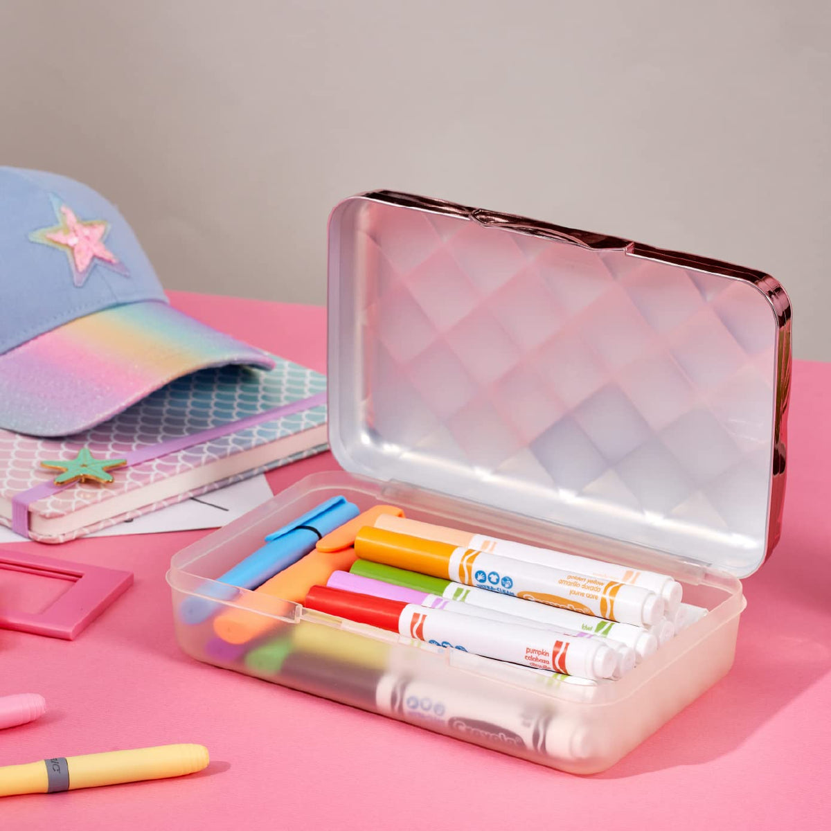 It's Academic - Estuche metálico para lápices, plástico duro, tapa elegante con patrón de abandonado, oro rosa