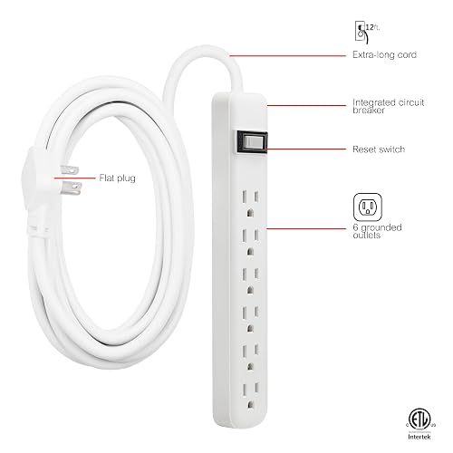 GE 6-Outlet Power Strip, 12 Ft Extension Cord, Flat Plug, Grounded, Integrated Circuit Breaker, 3-Prong, Wall Mount, UL Listed, White, 45195