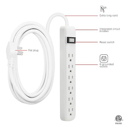 GE 6-Outlet Power Strip, 12 Ft Extension Cord, Flat Plug, Grounded, Integrated Circuit Breaker, 3-Prong, Wall Mount, UL Listed, White, 45195
