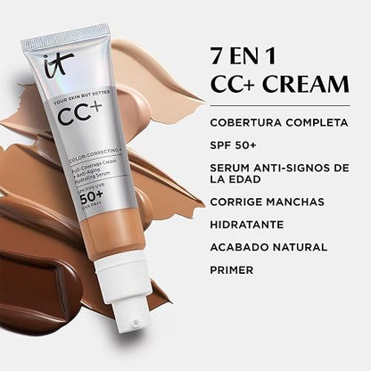 It Cosmetics - CC Cream con Protector Solar FPS 50+ 7 en 1 Base Natural | Base de Maquillaje Correctora de Cobertura Completa - con Suero Hidratante, Vitamina E y Niacinamida