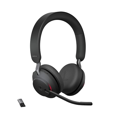 Jabra Evolve2 65 MS Auriculares inalámbricos con Link380a, estéreo, Negro, Bluetooth inalámbricos para Llamadas y música, 37 Horas de duración de la batería, cancelación de Ruido