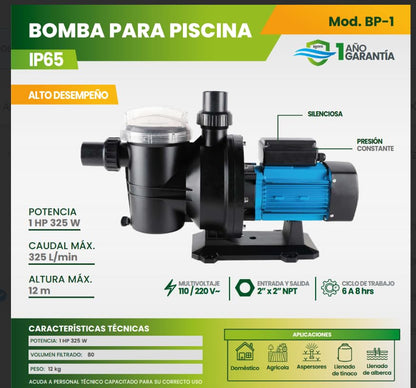 Igoto BP-1 Bomba de Piscina 1 HP 325W IP65 para Alberca Alto Flujo 325 L/min Altura 12 m Silenciosa y Potente Multivoltaje 110/220V Conexión 2” NPT Uso Doméstico y Filtración