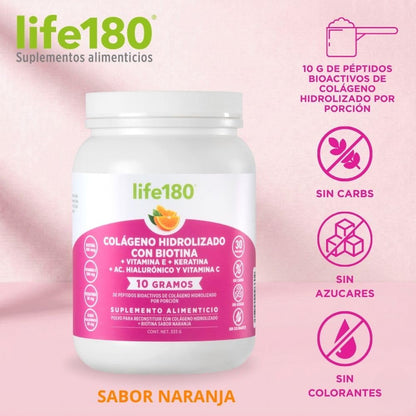 Life180 Dúo Colágeno Hidrolizado Biotina y Vitamina E Sabor Naranja Pack de 2