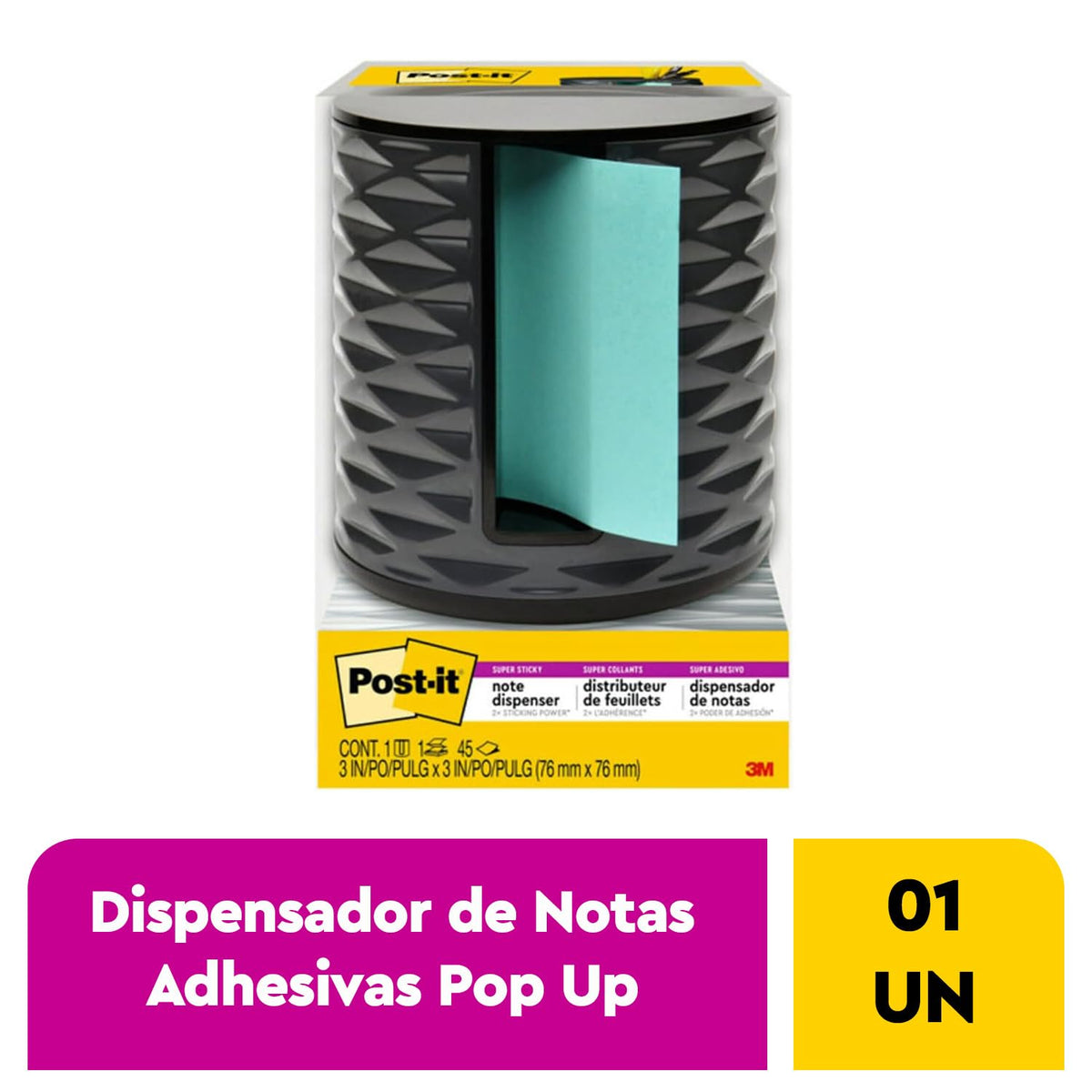 Post-it Dispensador Vertical de Notas Adhesivas Pop Up, Color Negro, Incluye 1 pad de notas Post-it Pop Up Amarillas