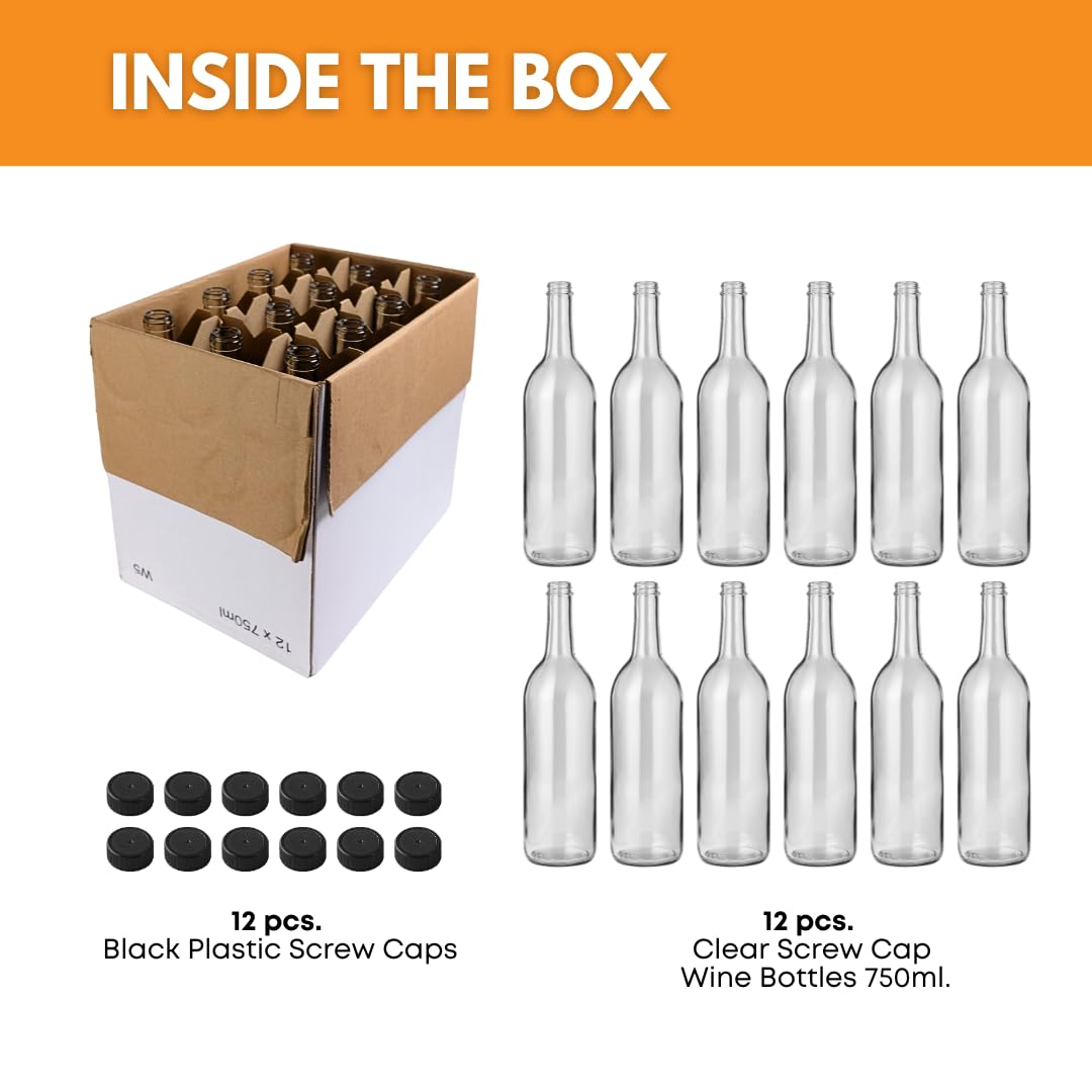 FastRack - Botellas de vino de color burdeos transparentes de 750 ml (paquete de 12) acabado con rosca superior con 12 tapas de plástico negro | Botellas de vidrio de fondo plano W5 ideales para