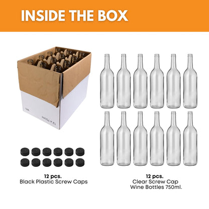 FastRack - Botellas de vino de color burdeos transparentes de 750 ml (paquete de 12) acabado con rosca superior con 12 tapas de plástico negro | Botellas de vidrio de fondo plano W5 ideales para