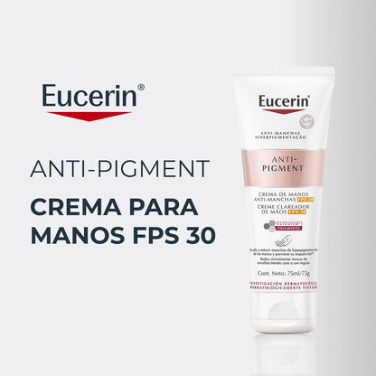 Eucerin Crema Para Manos Anti-Pigment Fps 30 (75 Ml), Con Ácido Hialurónico, Reduce Manchas y Mantiene Piel Hidratada