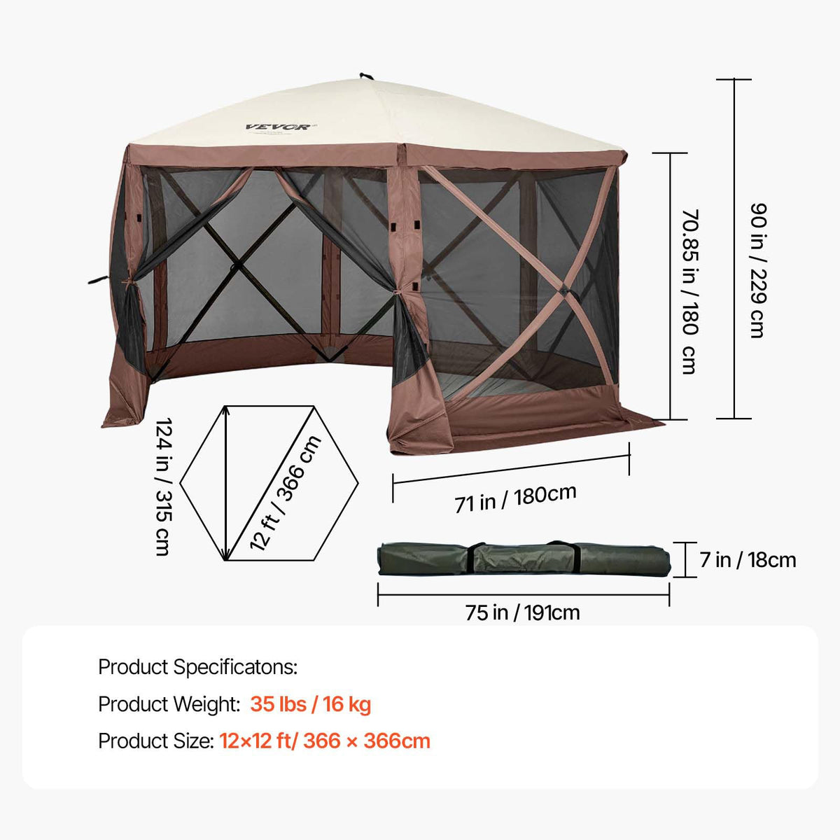 VEVOR - Tienda de campaña con Ventana de Malla, 1.25 x 12 pies, Tienda de campaña desplegable de 6 Lados con Ventanas de Malla, Bolsa de Transporte portátil, estacas de Tierra, Tiendas de campaña