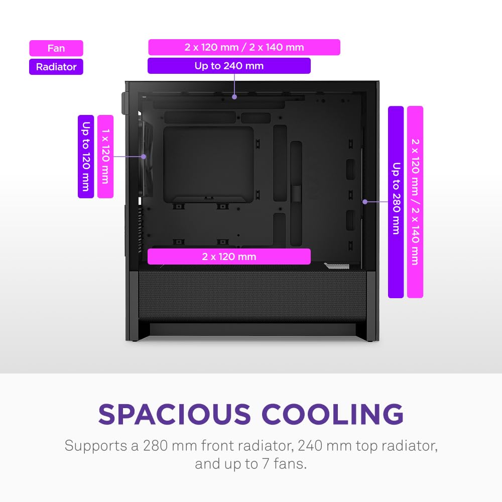 NZXT Gabinete H3 Flow Micro ATX – Flujo de Aire optimizado – Incluye 1 Ventilador Trasero de 120 mm – Compatible con GPU de tamaño Completo – Compatible con Frontal de 280 mm, radiador