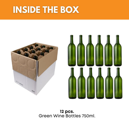 Green Wine Bottles, 750 ml Capacity (Pack of 12)