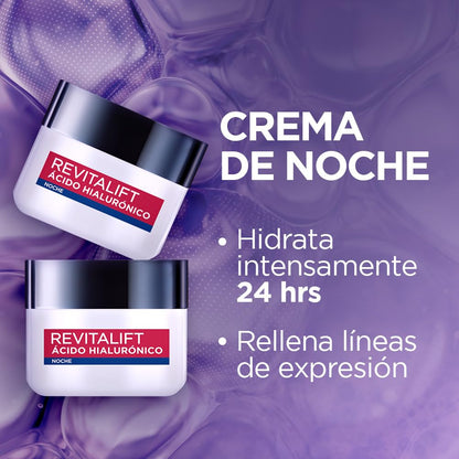 L'Oreal Paris Revitalift Ácido Hialurónico Crema de Noche Hidratante, Hidrata Intensamente y Rellena Líneas de Expresión, 50 ml