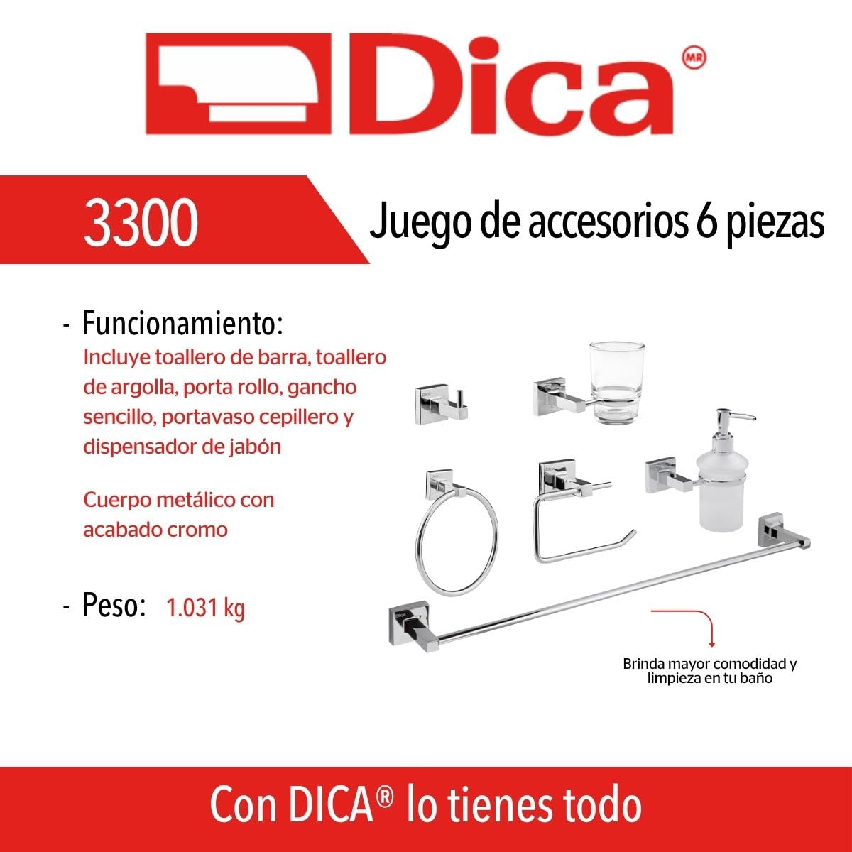Dica 3300 Juego de Accesorios para baño, 6 Piezas, Acabado Cromo/Vidrio