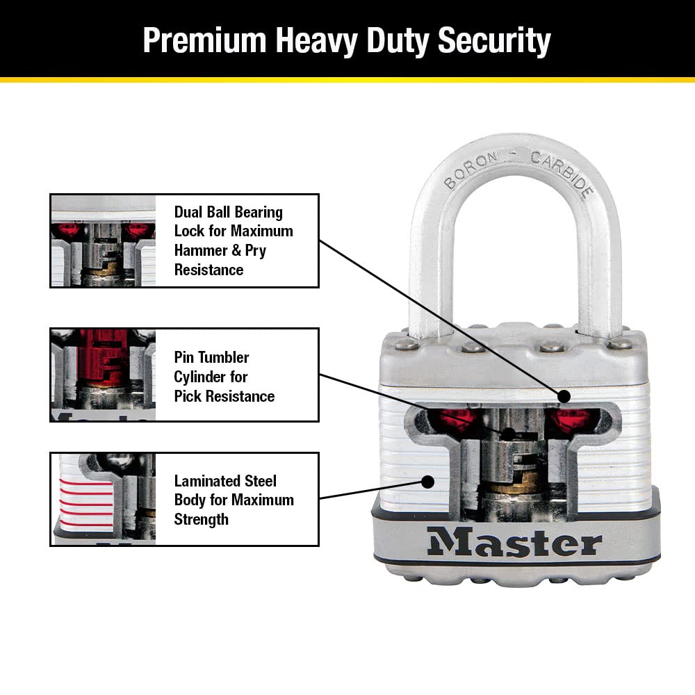 Master Lock M1XKADCCSEN Magnum Candado laminado, 4.45 cm de ancho, acero de 0.8 cm, 2.54 cm de distancia al grillete, Paquete de 1, 1-Inch Shackle, Acero
