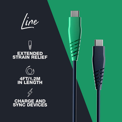 Skullcandy Line Cable Cargador USB C de 60 W USB C a USB C con Carga Rápida para iPad/Mini/Pro/Air, Macbook Pro, Samsung Galaxy, Switch, 4 Pies, Azul/Verde