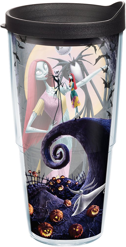 Tervis Vaso con tapa, Jack Skellington y Sally dan la a las vacaciones en este diseño de Disney Pesadilla antes de Navidad que evita que tus bebidas se salgan todas las Oogie Boogie. , Negro