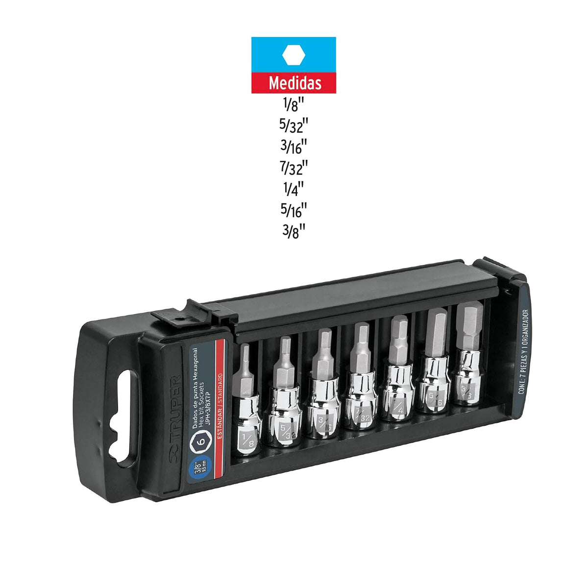 Truper JPH-3/8X7P, Juego de dados, punta hexagonal, cuadro 3/8", 7 piezas