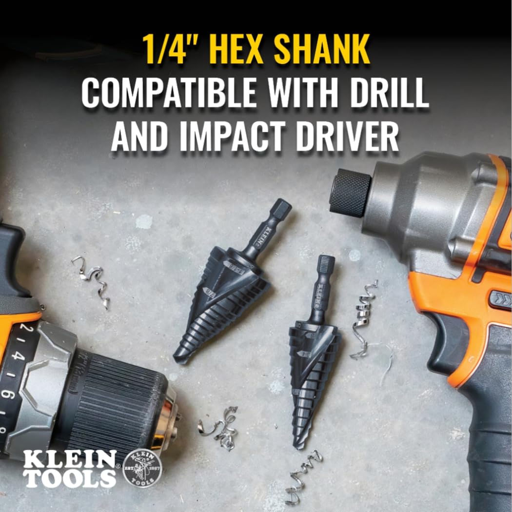 Klein Tools QRST15 Broca escalonada, espiral de liberación rápida, doble fluida, 7/8 a 1-3/8 pulgadas, vástago hexagonal, acero cortado, madera, plástico, aluminio