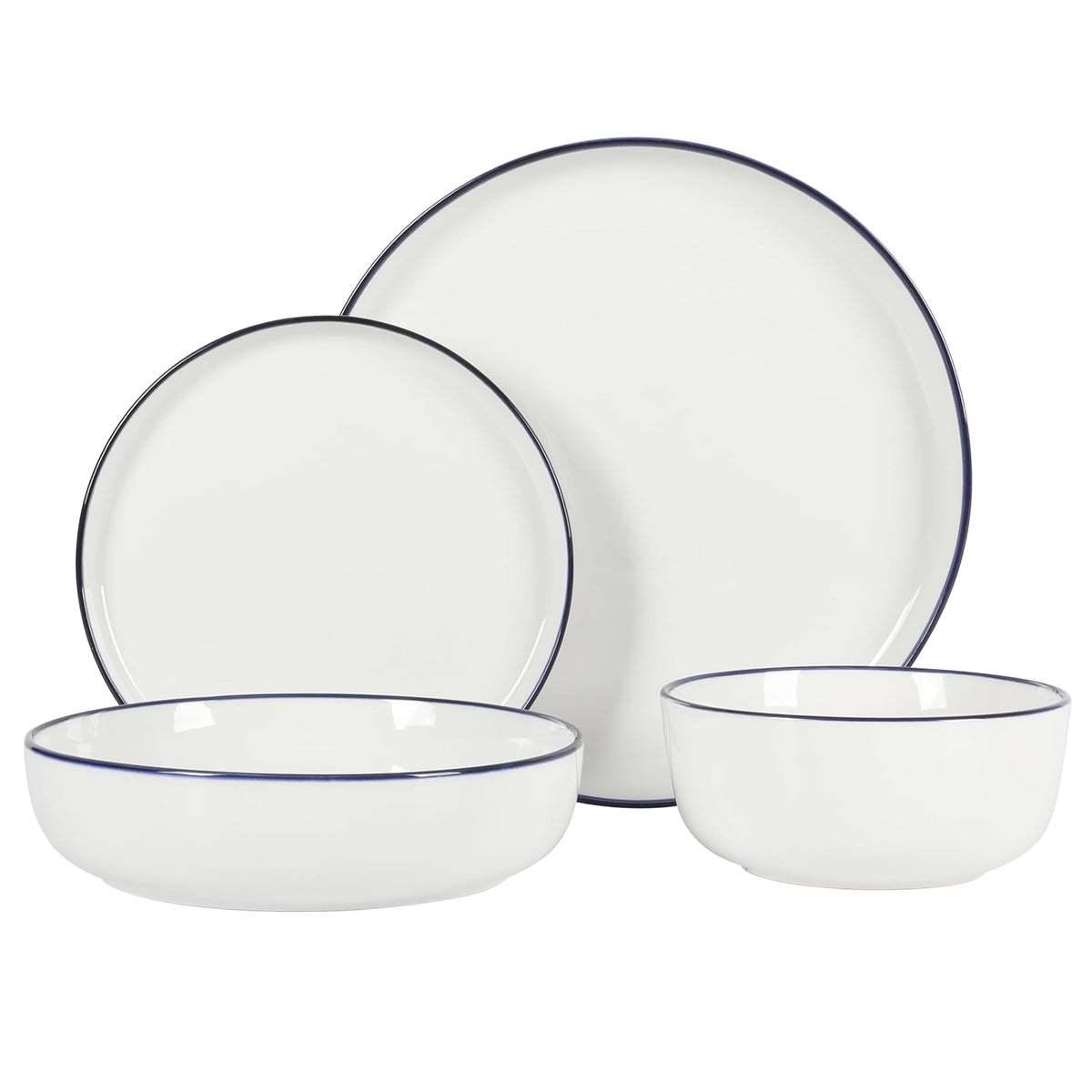 Gibson Home Oslo - Juego de vajilla de porcelana de cerámica resistente a los arañazos y astillas, apto para microondas y lavaplatos, platos y cuencos, color blanco con borde azul