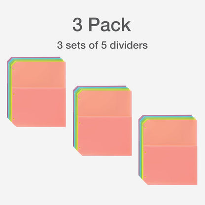Oxford 59801 - Divisores de carpeta de polietileno, bolsillo doble, organizadores de 3 agujeros, colores pastel, 5 organizadores antiadherentes sin pestañas, paquete de 3 divisores índices