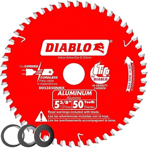 Diablo - Hoja de Sierra para Aluminio Medio, 5-3/8 Pulgadas de diámetro, 50 Dientes TCG, Eje de 20 mm, Borde de 0.61 Pulgadas, ángulo de Gancho de -5°, Placa de 0.39 Pulgadas, 14500 RPM máximas
