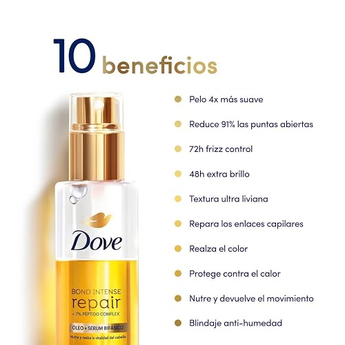 DOVE Óleo + Sérum Bifásico para Cabello Bond Intense Repair. Con Textura Liviana y 7% Péptido Complex. Reduce 91% Puntas Abiertas y Controla el Frizz por 72 hrs, 110 mL