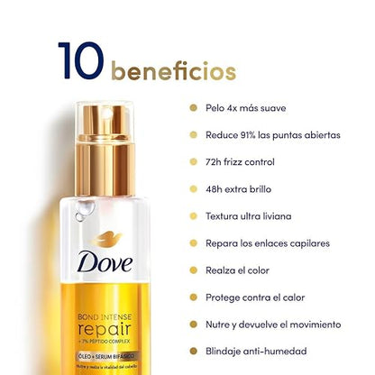 DOVE Óleo + Sérum Bifásico para Cabello Bond Intense Repair. Con Textura Liviana y 7% Péptido Complex. Reduce 91% Puntas Abiertas y Controla el Frizz por 72 hrs, 110 mL