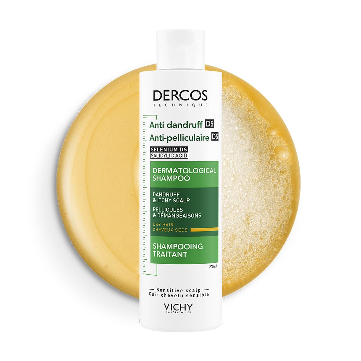 Vichy Dercos Shampoo Dermatológico Anti-Caspa Cabello Normal a Seco 200ml | Elimina 100% de Caspa Visible y su Reaparición, Reduce Comezón desde 1er Uso, con Ácido Salicílico y Selenio DS