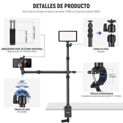 NEEWER TL253A+DS001 Soporte Sobremesa Brazo Extensible para Cámara y Móvil | Soporte para Teléfono, Cabezales Esféricos, Adaptador Tornillo, Soporte Sobremesa para Cámara, Móvil, Webcam Y Anillo De Luz