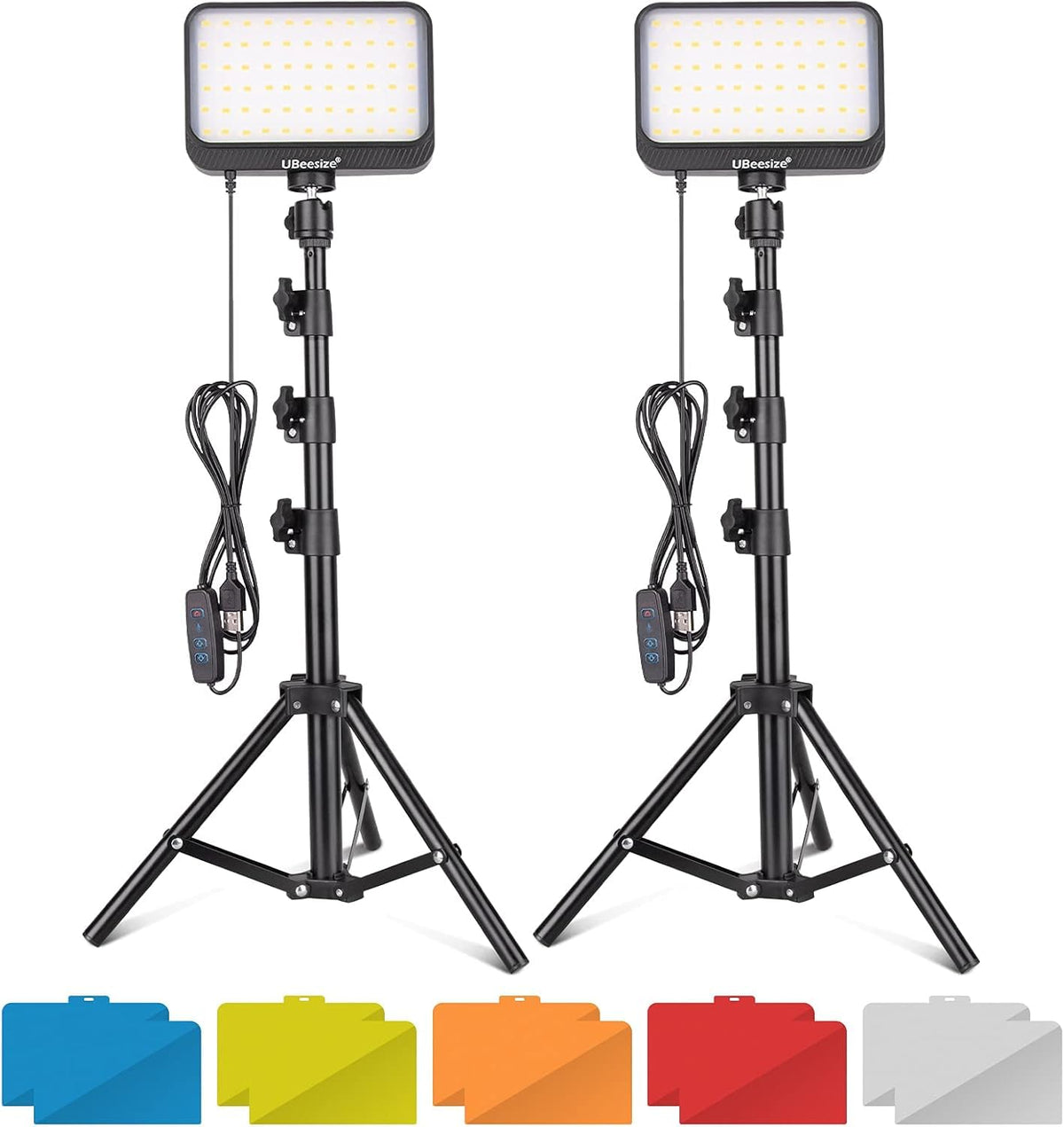 UBeesize Kit de luz de Video LED, 2 Piezas de iluminación de fotografía portátil Continua Regulable con Soporte de trípode Ajustable y 5 filtros de Color para Tomas de Mesa/ángulo bajo