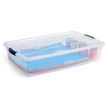 Rubbermaid Cleverstore Contenedor organizador de plástico apilable de 42 cuartos con tapas de cierre para cochera, clóset y aula, transparente, paquete de 4