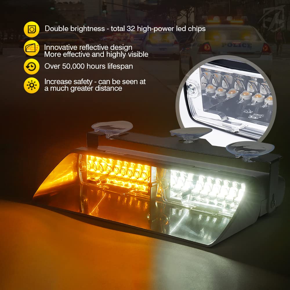 Xprite YL126-WY Luces Estroboscópicas LED Ámbar/Blanco para Vehículos de Emergencia, Parabrisas/Tablero, 32 LED