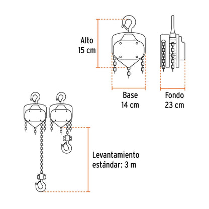 Truper POL-1/2, Polipasto de 1/2 ton, ganchos forjados en acero al cromo con giro de 360°