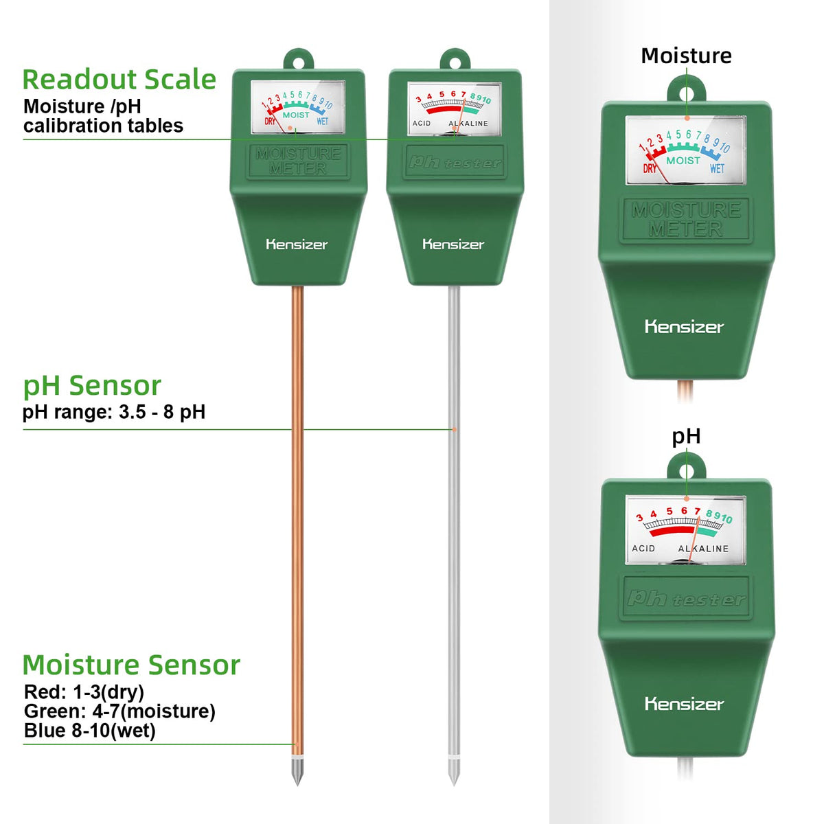 Kensizer Medidor de Humedad y pH del Piso sin Batería para Plantas y Césped