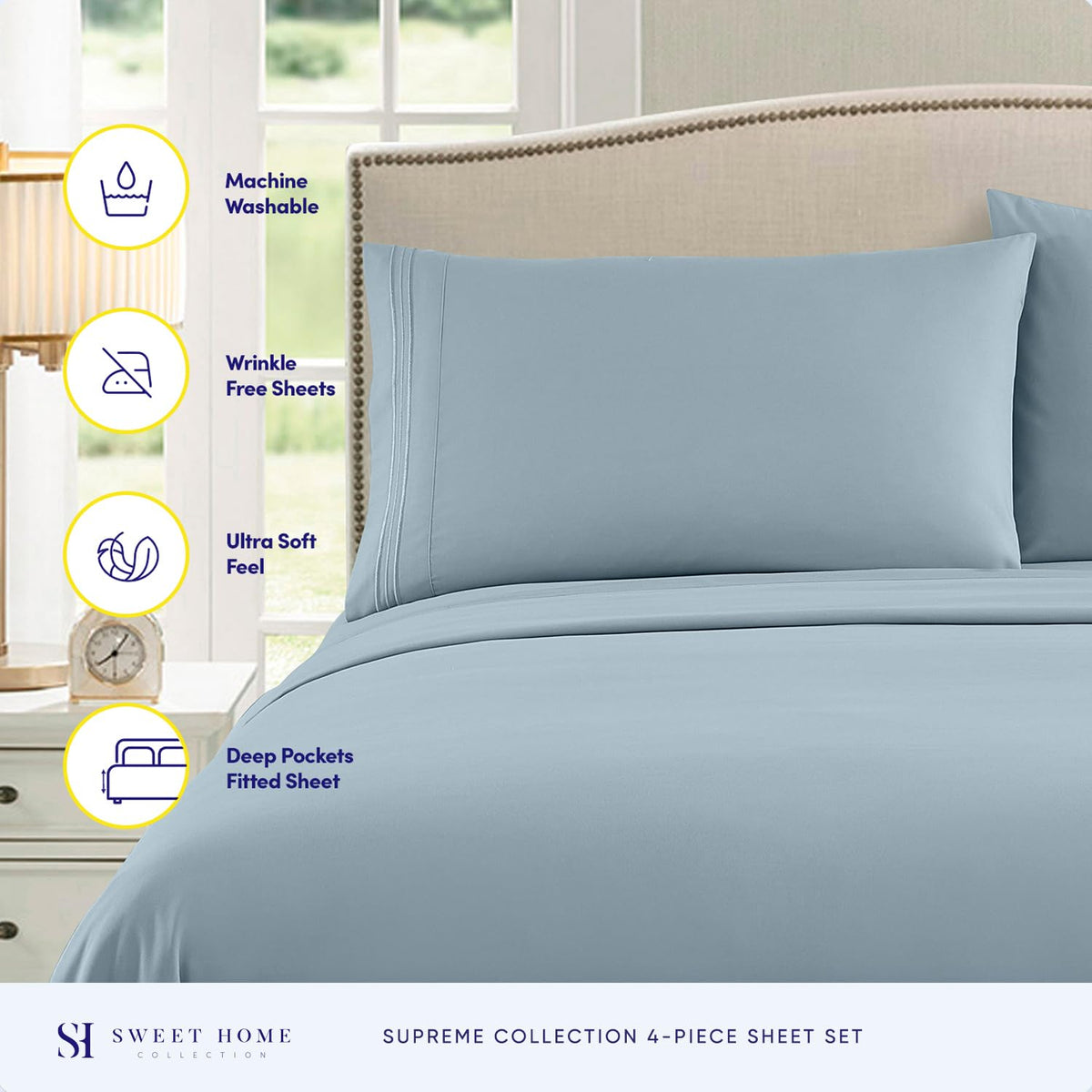 Juego de sábanas de 1800 hilos - Sweet Home Collection - Sábanas hipoalergénicas, suaves de microfibra cepillada - Juego de cama de lujo con sábana encimera, 2 fundas de almohada y sábana ajustable, Azul Misty, King, 1