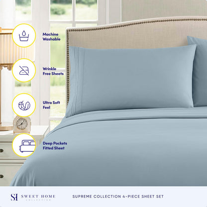 Juego de sábanas de 1800 hilos - Sweet Home Collection - Sábanas hipoalergénicas, suaves de microfibra cepillada - Juego de cama de lujo con sábana encimera, 2 fundas de almohada y sábana ajustable, Azul Misty, King, 1