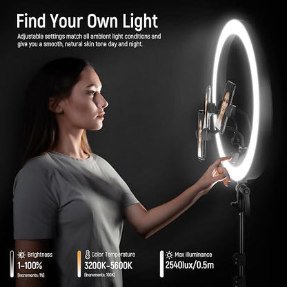 NEEWER Aro de Luz RP19H 19 inch con Trípode y 3 Soporte Móvil, 2.4G Actualizado y Control Táctil, Atenuación Suave al 1%, 42W CRI 97+ 2540lux, Profesional para Streaming Home Office Zoom Call Lighting