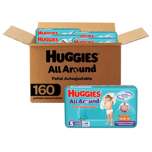Huggies All Around Pañal Desechable para Bebé, Etapa 5 Unisex, Caja con 160 piezas, Ideal para bebés de 11 a 14.5 kg