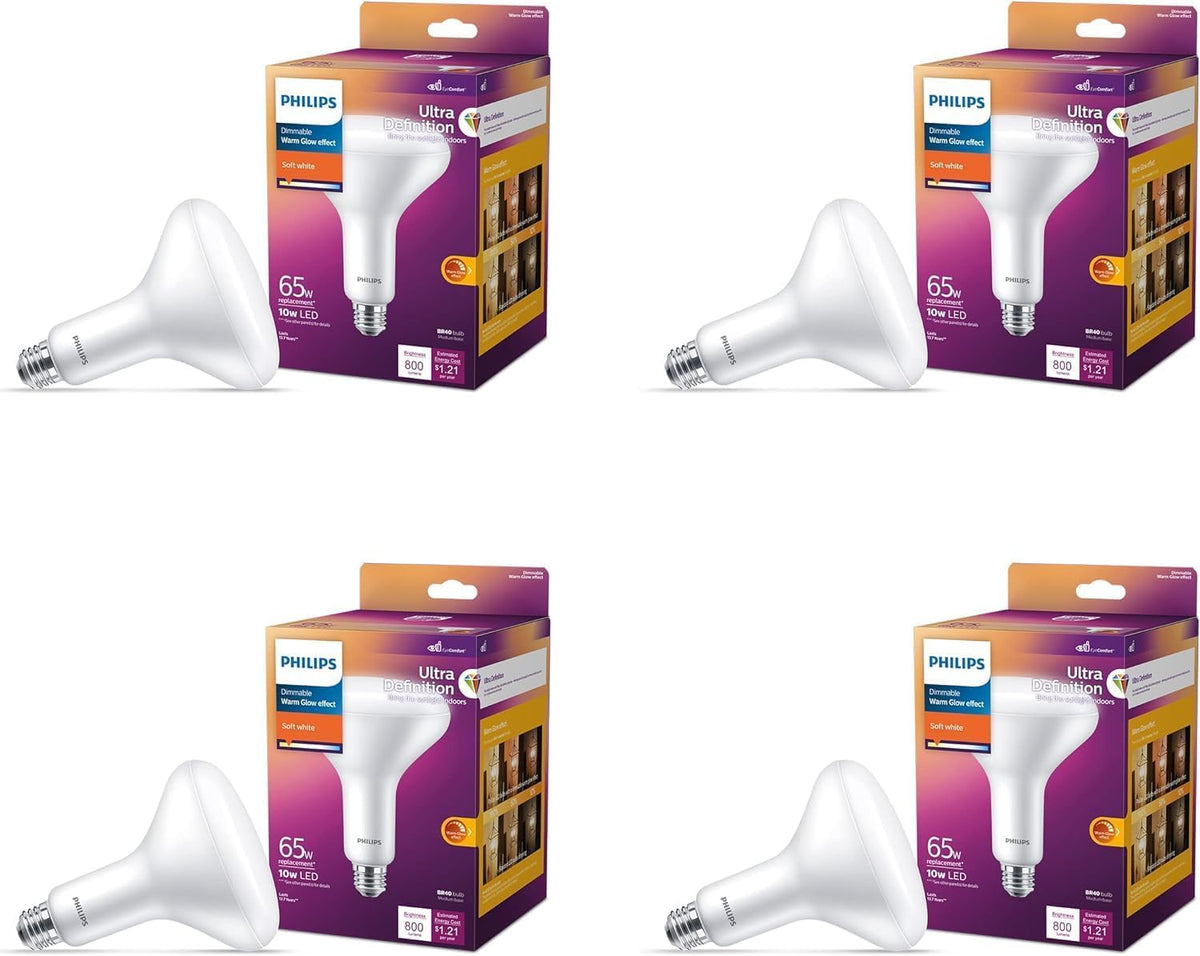 Philips Bombillas LED BR40 de 65 W, 4 unidades, ultra definición, color blanco suave (2700 K), 800 lúmenes (10 W = 65 W) regulables, sin parpadeo