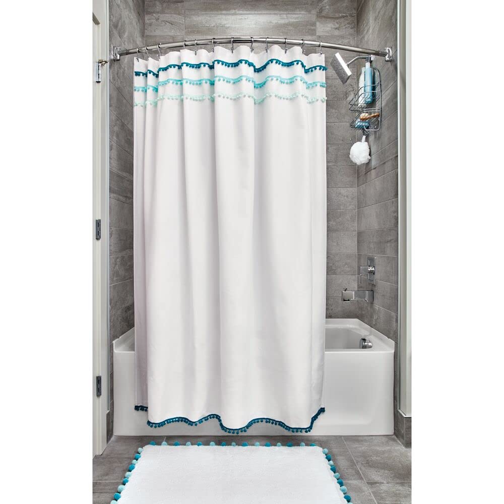 iDesign Pom Cotton Bath Mat, Shower Accent Rug for Master, Guest, and Kids' Bathroom, 21" x 34", White and Blue